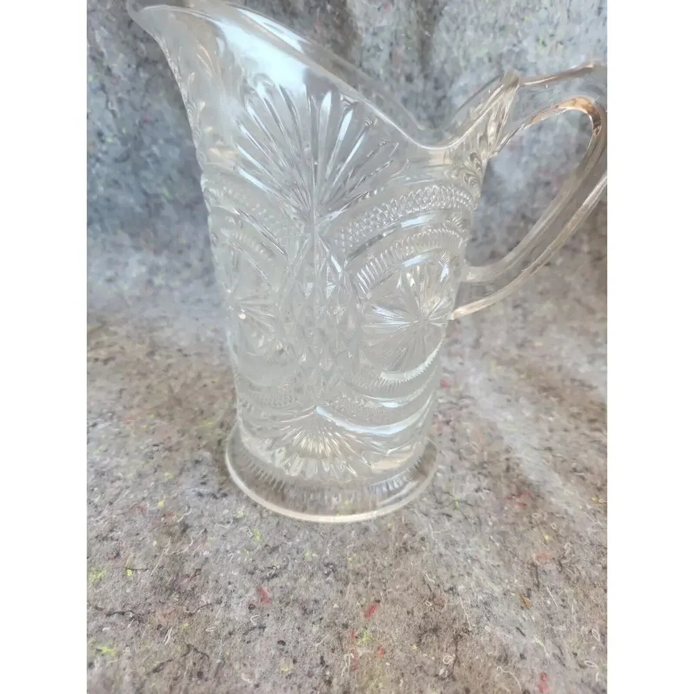 Vintage EAPG Clear Pressed Glass Pitcher with Medallion Sunburst Pattern - 8.5
